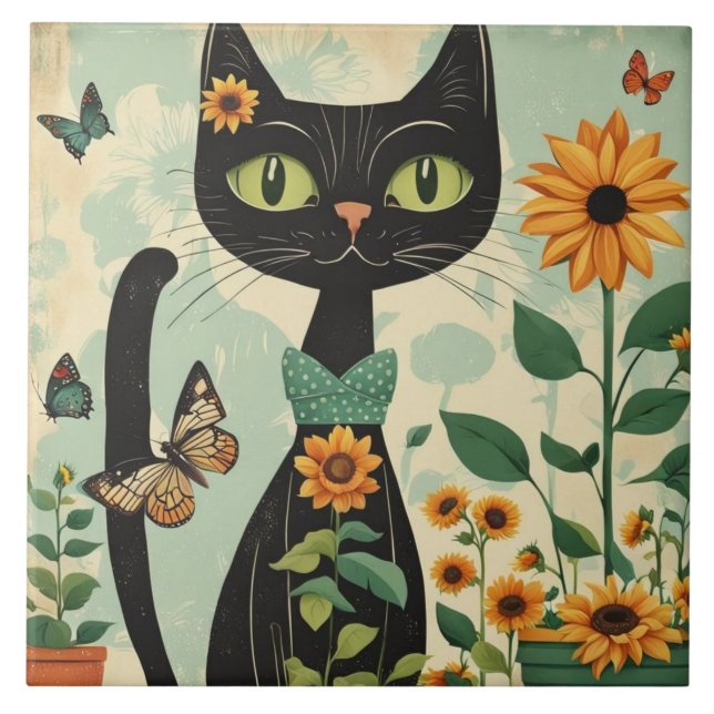 Schwarze Katze, Sonnenblumen, Schmetterlinge, einh Fliese (Vorderseite)