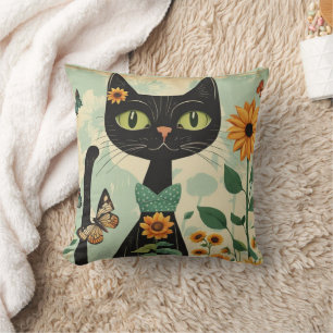 Schwarze Katze, Sonnenblumen, Schmetterlinge, einh Kissen