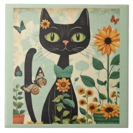 Schwarze Katze, Sonnenblumen, Schmetterlinge, nati Fliese