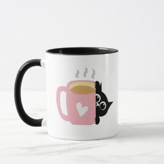 Schwarze Katze späht Rosa Herz Kaffeeliebhaber-Tas Tasse
