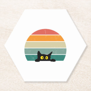Schwarze Katze späht Sonnenuntergang Vintage 4 Untersetzer