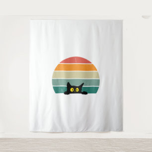 Schwarze Katze späht Sonnenuntergang Vintage 4 Wandteppich
