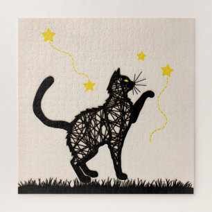 Schwarze Katze Spielende Sterne Illustration Puzzle