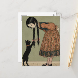 Schwarze Katze spielt mit Zöpfen Postkarte