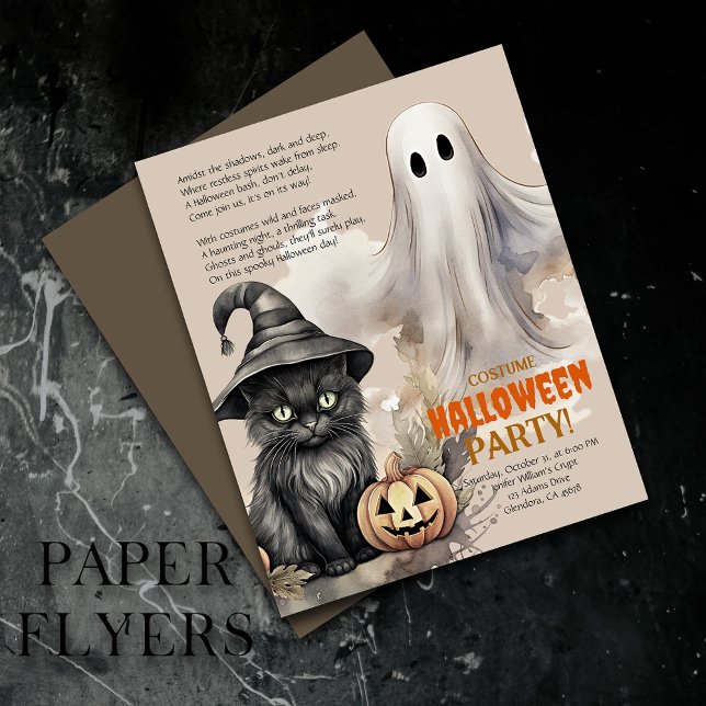 Schwarze Katze | Spooky Ghost Halloween Gedicht Ei Flyer (Elevate your upcoming event with uniquely designed Halloween invitations featuring a spooky poem!)