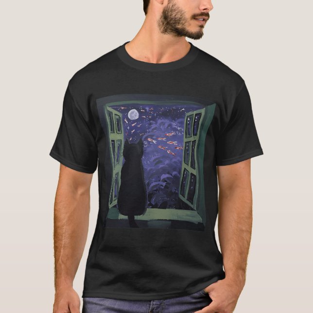 Schwarze Katze starrt in den Fischhorizont T-Shirt (Vorderseite)