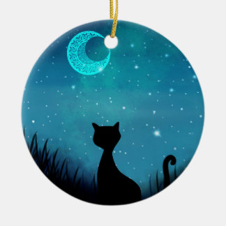 Schwarze Katze Sternenhimmel Halbmond Keramik Ornament