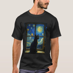 Schwarze Katze Sternennacht Fenster Van Gogh Art K T-Shirt