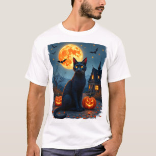 Schwarze Katze Sternennacht Van Gogh Kürbisse Fled T-Shirt