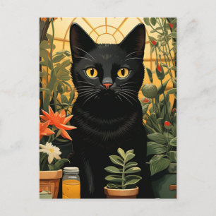 Schwarze Katze Stillleben Posen in Blume Malerei Postkarte