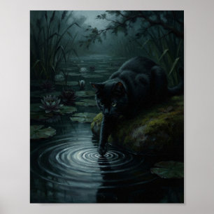 Schwarze Katze taucht Pfote in dunklen Seerosentei Poster