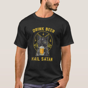Schwarze Katze trinkt Bier Hail Satan Gruselig Vin T-Shirt