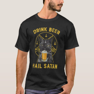 Schwarze Katze trinkt Bier Hail Satan Spuk Vintage T-Shirt