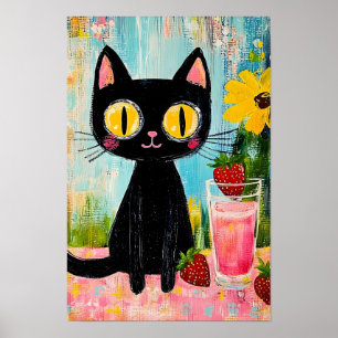 Schwarze Katze trinkt Erdbeersaft Poster