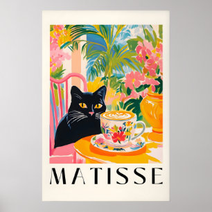 Schwarze Katze trinkt Kaffee lustig im Stil von Ma Poster