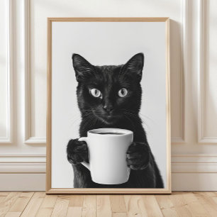 Schwarze Katze trinkt Kaffee Wandkunst, Schwarz un Poster