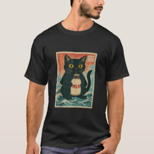 Schwarze Katze trinkt Milch-Karton Anime Japanisch T-Shirt