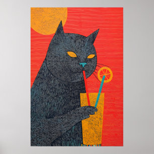 Schwarze Katze trinkt Saft Kunstprint Quirky Giclé Poster