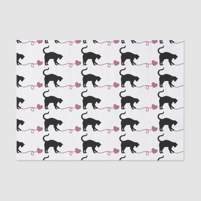 Schwarze Katze u. Herz-geformtes Garn (Rosa) Seidenpapier (Vorderseite)