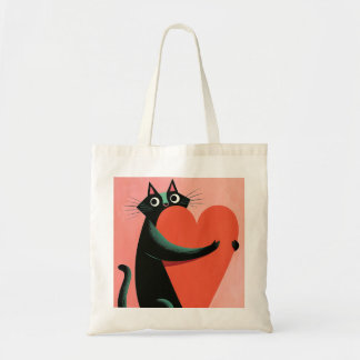Schwarze Katze umarmt Herz Retro Katzenliebhaber Tragetasche