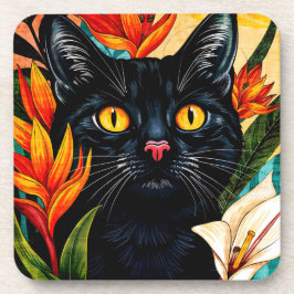 Schwarze Katze umgeben von Blumen Getränkeuntersetzer