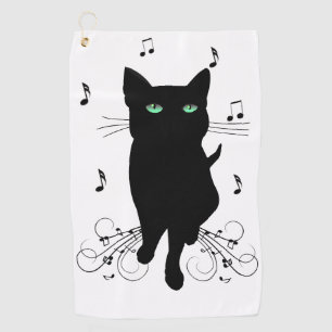 Schwarze Katze umgeben von flüsternden Noten der M Golfhandtuch