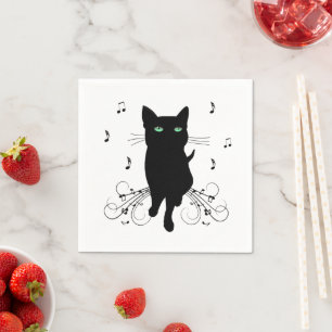 Schwarze Katze umgeben von flüsternden Noten der M Serviette