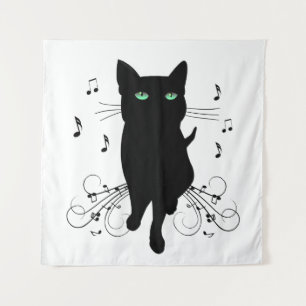 Schwarze Katze umgeben von flüsternden Noten der M Wandteppich