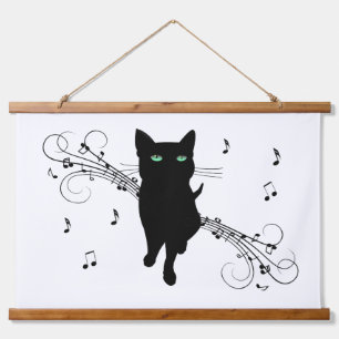 Schwarze Katze umgeben von flüsternden Noten der M Wandteppich Mit Holzrahmen