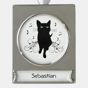 Schwarze Katze umgeben von Noten des Musiknamens Banner-Ornament Silber