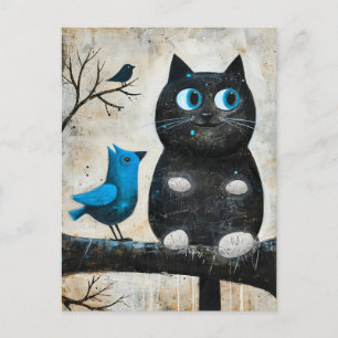 Schwarze Katze und Blauer Vogel auf Zweig beängsti Postkarte