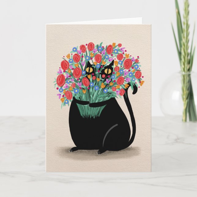 Schwarze Katze und Blume Dankeskarte (Vorderseite)