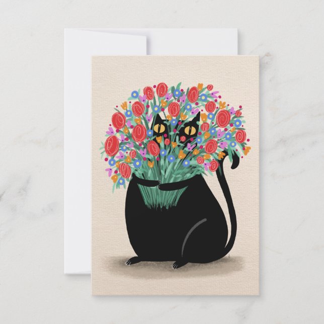 Schwarze Katze und Blume Dankeskarte (Vorderseite)