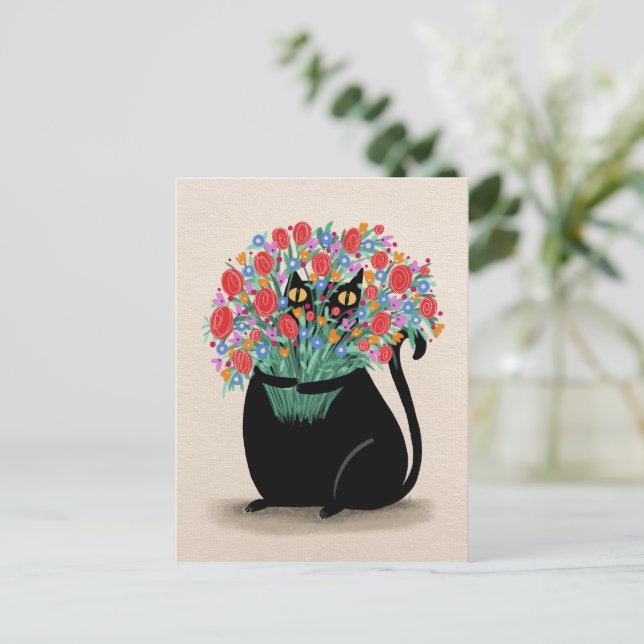 Schwarze Katze und Blume Postkarte (Stehend Vorderseite)