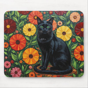 Schwarze Katze und bunte Volkskunstblumen Mousepad