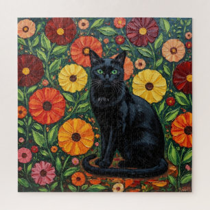 Schwarze Katze und bunte Volkskunstblumen Puzzle