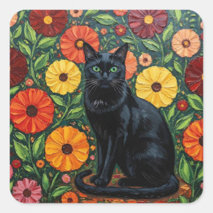 Schwarze Katze und bunte Volkskunstblumen Quadratischer Aufkleber