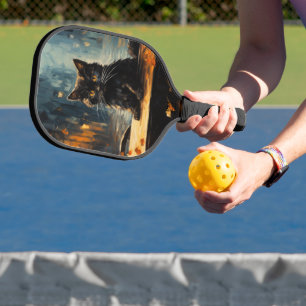 Schwarze Katze und Café bei Nacht Pickleball Schläger