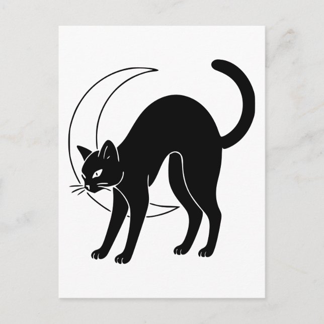 Schwarze Katze und Crescent Moon Line Art Postkarte (Vorderseite)