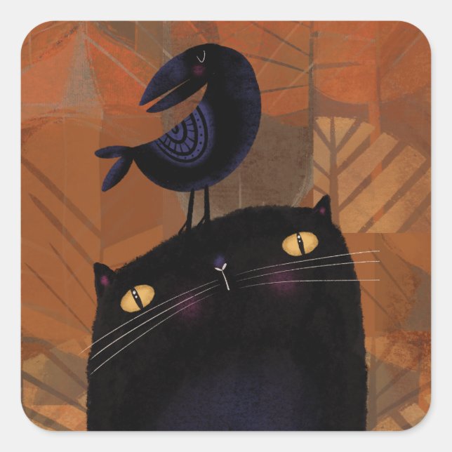 Schwarze Katze und Crow Quadratischer Aufkleber (Vorderseite)