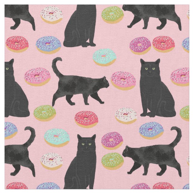 Schwarze Katze und Donuts rosa Muster Stoff (Nahaufnahme)