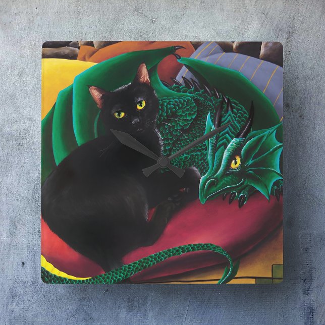Schwarze Katze und Drache Quadratische Wanduhr (Von Creator hochgeladen)