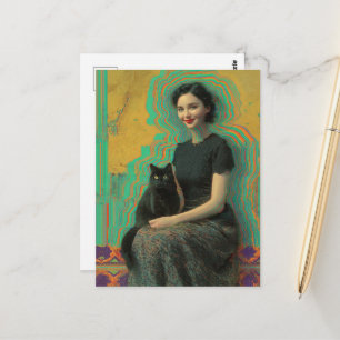 Schwarze Katze und eine Lady Glitch Postkarte