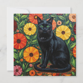 Schwarze Katze und farbenfrohe Blume der Folk Karte