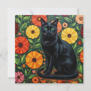 Schwarze Katze und farbenfrohe Blume der Folk Karte