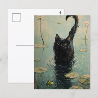 Schwarze Katze und Frosch im Lily Pond Postkarte