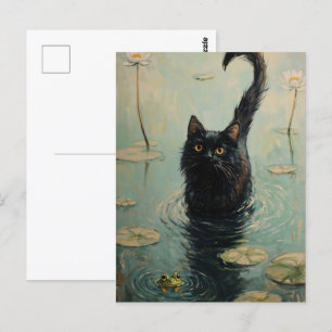 Schwarze Katze und Frosch im Seerosenteich Postkarte