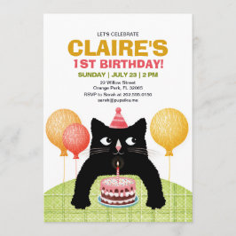 Schwarze Katze und Geburtstagstorte. Einladung