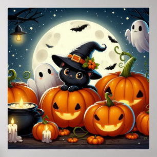 Schwarze Katze und Geist in einem Pumpkinpflaster Poster