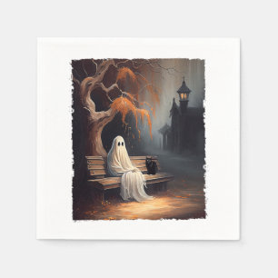 Schwarze Katze und Geist sitzen auf Bank Halloween Serviette